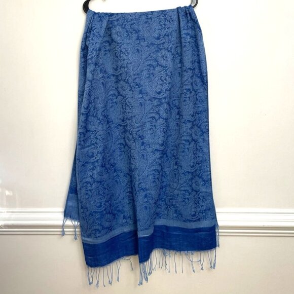 Pashmina Scarf Shawl Wrap Blue Paisley Floral Fringed Silk Blend - Picture 2 of 6